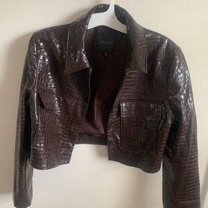Dynamite Faux Brown Leather Cropped Jacket with Crocodile Texture